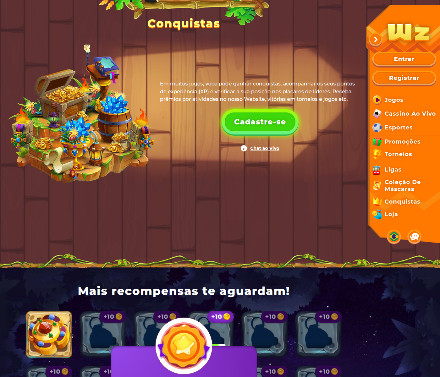 Página de conquistas da Wazamba com pontos de experiência e placares de líderes