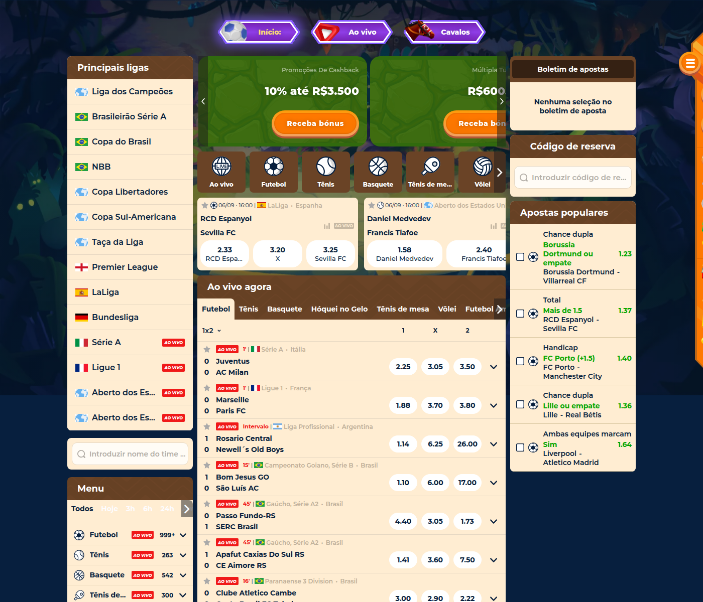Menu de esportes da Wazamba com Brasileirão, Copa do Brasil e NBB em destaque