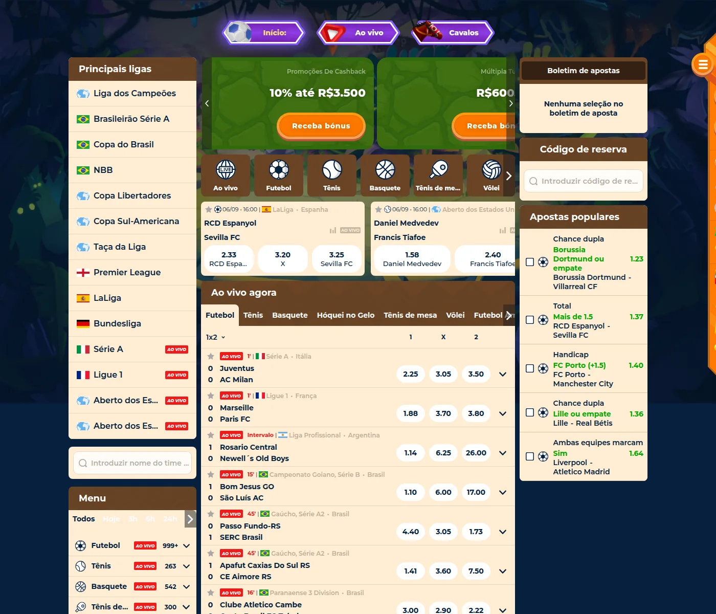 Menu de esportes da Wazamba com Brasileirão, Copa do Brasil e NBB em destaque