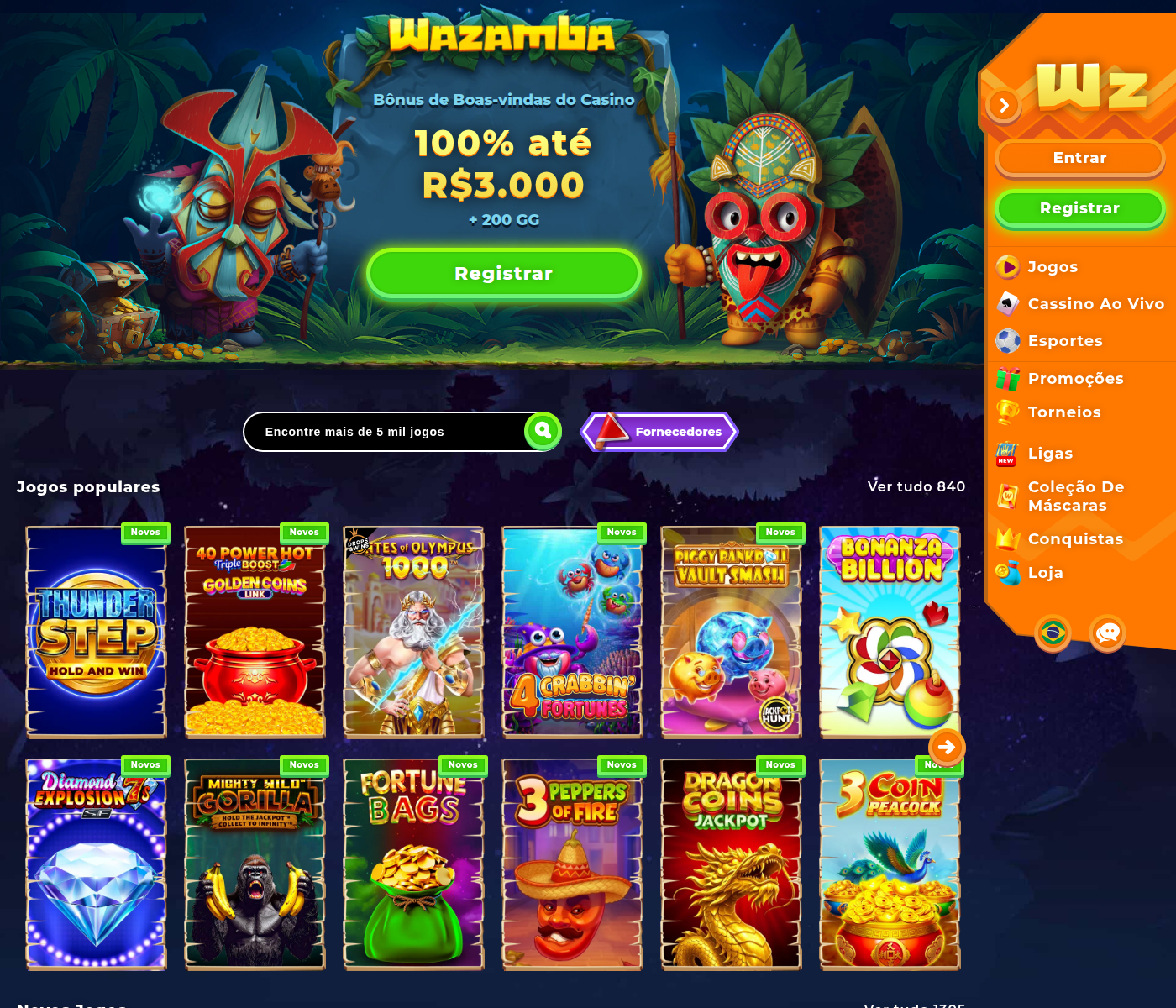 Rodapé da Wazamba com o contador de jackpot total e o aviso de jogo responsável