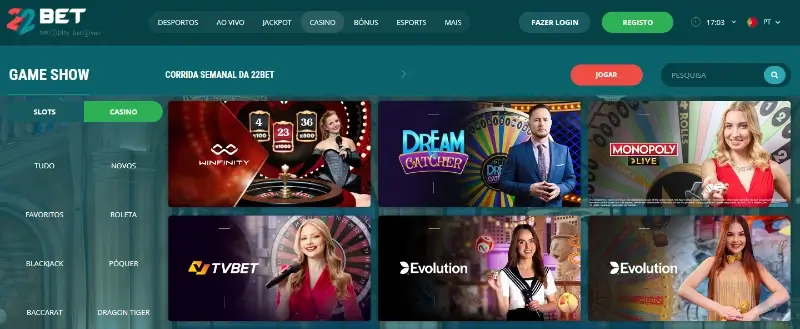 Página de game shows no casino da 22Bet