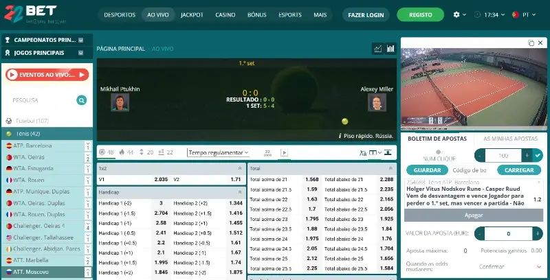 Livestream de uma partida de ténis na 22bet