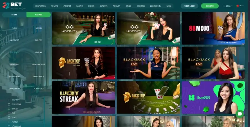 Página de blackjack ao vivo no casino da 22Bet
