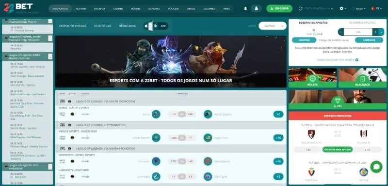 Página de apostas em LoL na 22bet