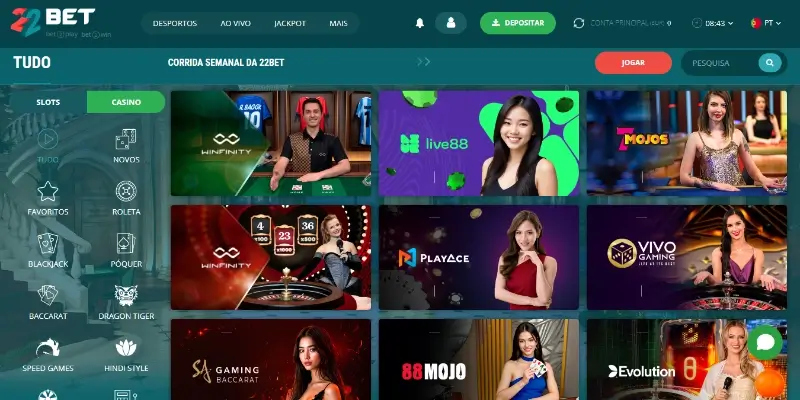 Página de casino da 22Bet