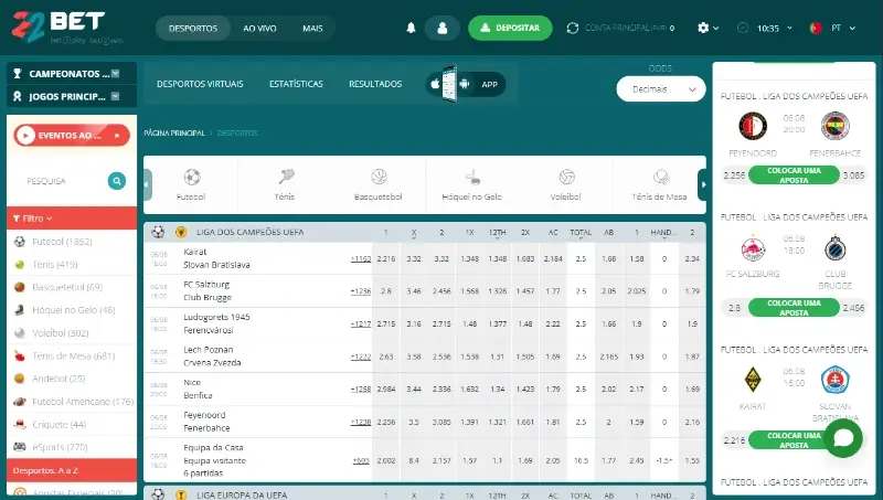 Página de apostas desportivas da 22Bet