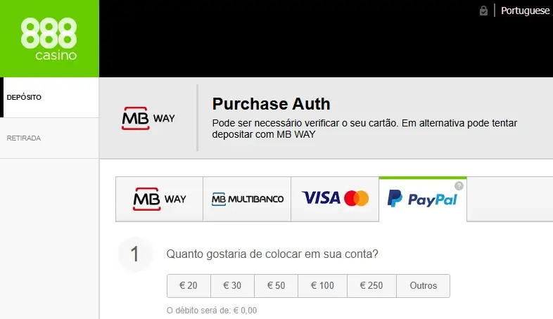 Página de pagamentos do 888Casino