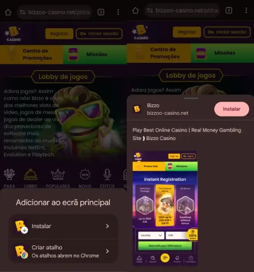Adicionar a Bizzo App no ecrã principal do Chrome