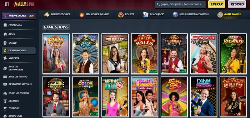Página de game shows no casino da AllySpin