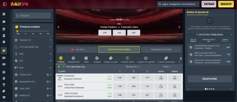 Página principal de desporto na AllySpin