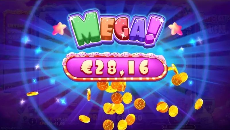 Animação de mega win na slot Sugar Rush