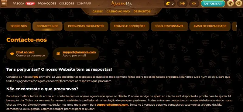 Página de apoio ao cliente do AmunRa