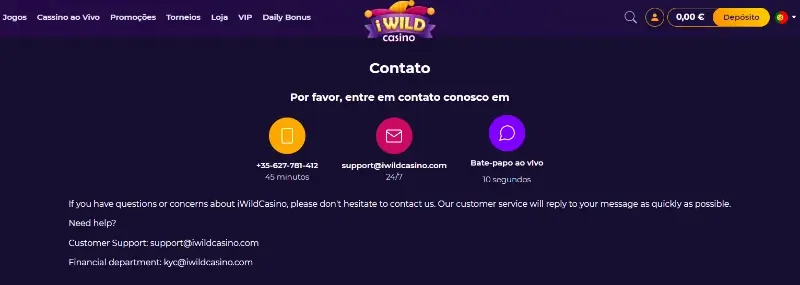 Página com contactos do apoio ao cliente do iWild Casino