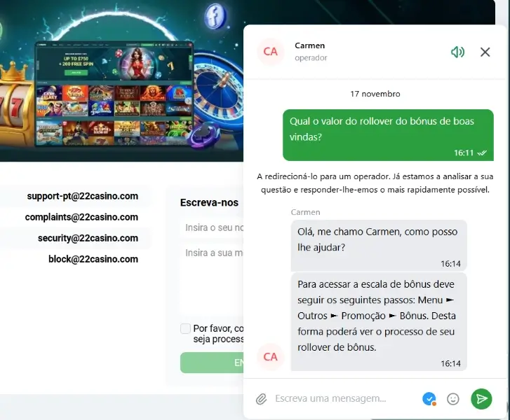 Apoio ao cliente do 22Casino