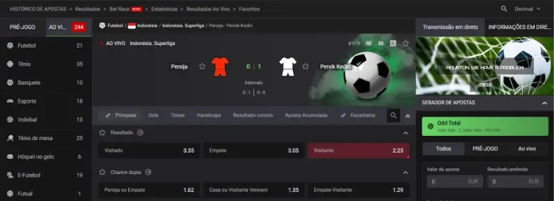 Secção de apostas ao vivo na Flagman