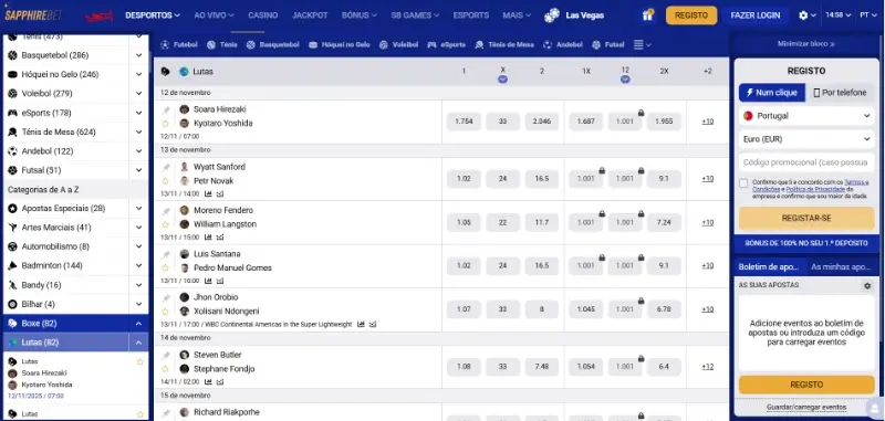 Página de apostas em boxe na Sapphire Bet