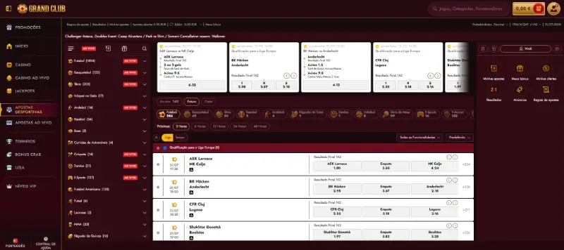 Página de apostas desportibas do GrandClub