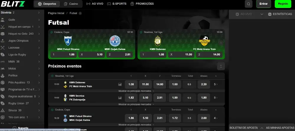 Página de apostas em futsal na Blitz