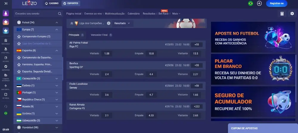 Página de apostas em futsal na Legzo
