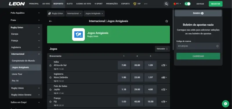 Página de apostas em rugby na Leon Bet