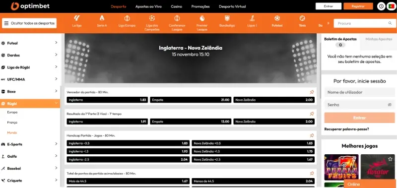 Página de apostas em rugby na Optimbet