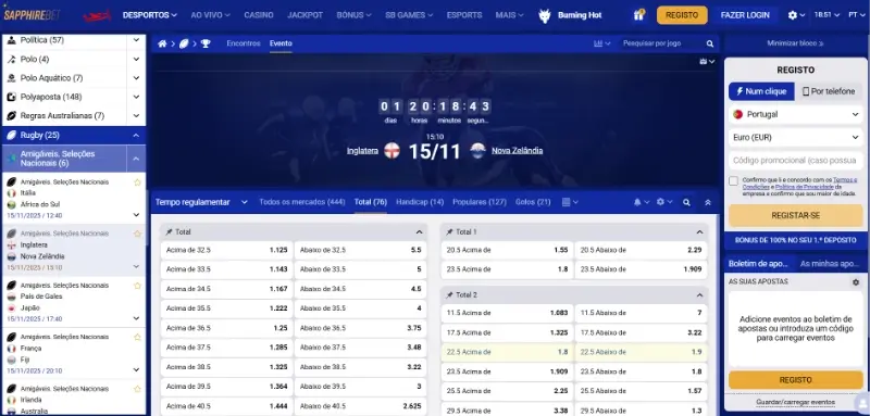 Página de apostas em rugby na Sapphire Bet