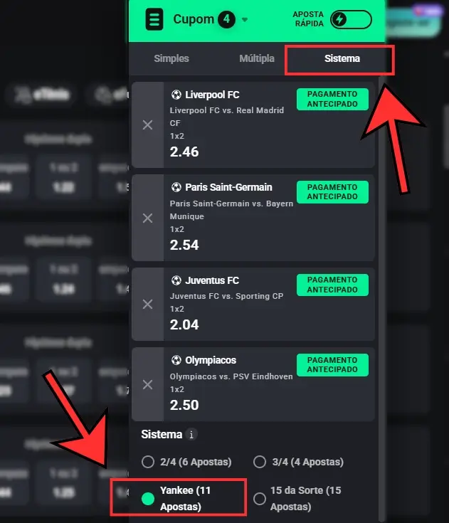 Confirmar as apostas yankee