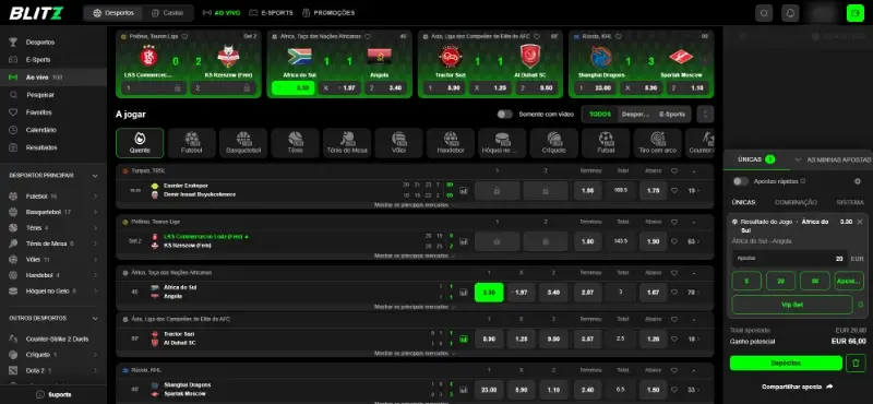 Página de apostas ao vivo na Blitz