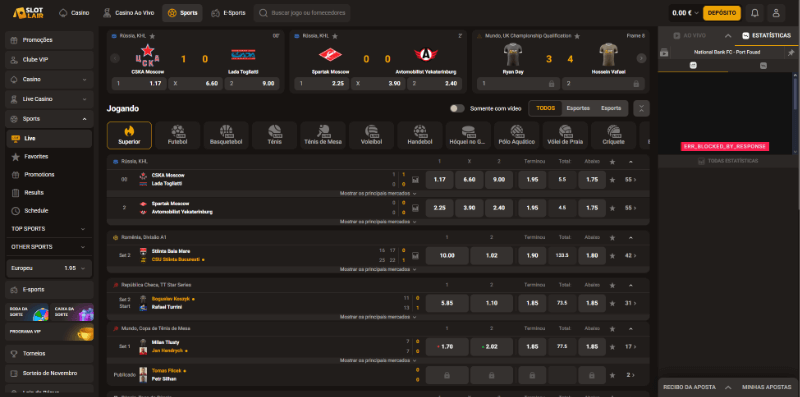 Página de apostas ao vivo na SlotLair