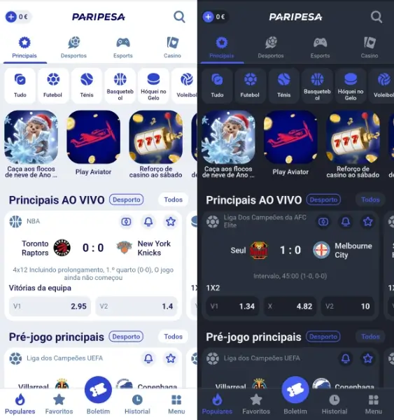 Modo escuro e claro da Paripesa App