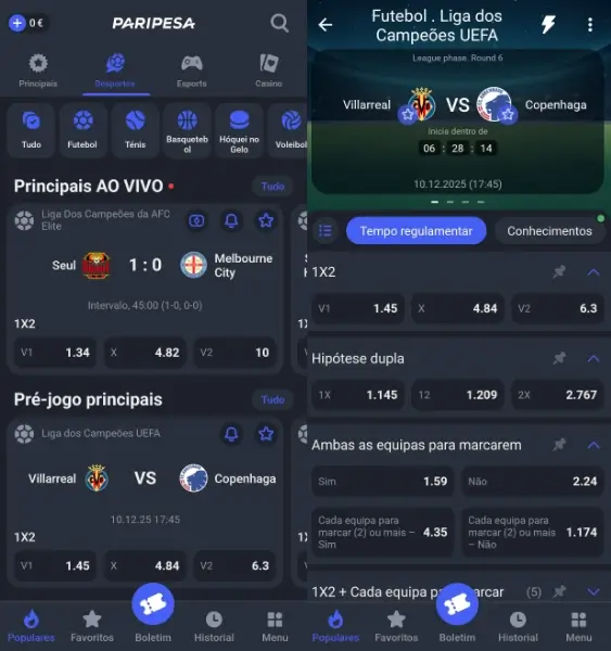 Apostas desportivas na aplicação da Paripesa