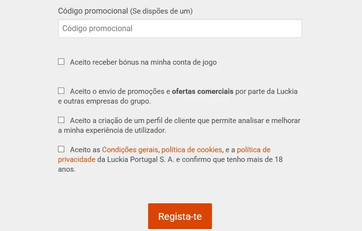 Ativar o código promocional da Luckia durante o registo