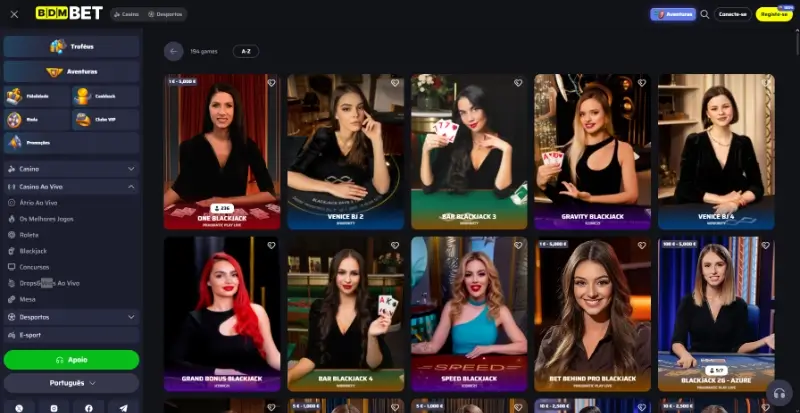 Página de blackjack ao vivo no casino da BDMBet