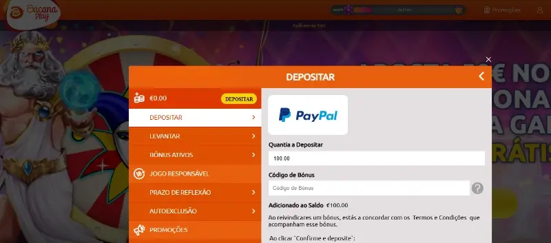 Página de pagamentos do casino da BacanaPlay