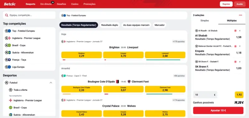 Página de paostas desportivas da Betclic