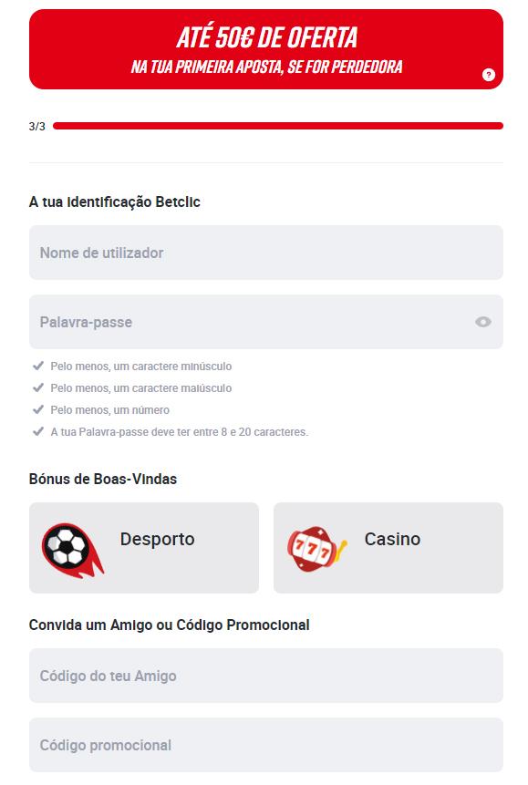 Introduzir Código Promocional Betclic no formulário 