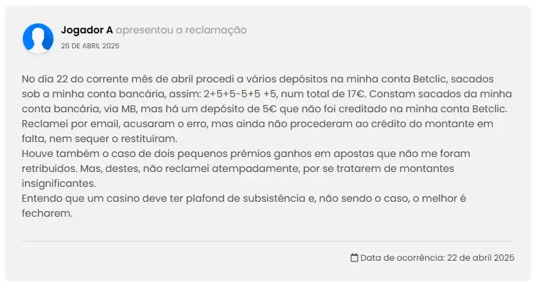 Queixa sobre um depósito não creditado na conta da Betclic