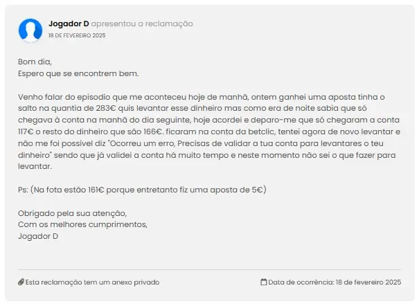 Queixa sobre problema ao realizar levantamento na Betclic