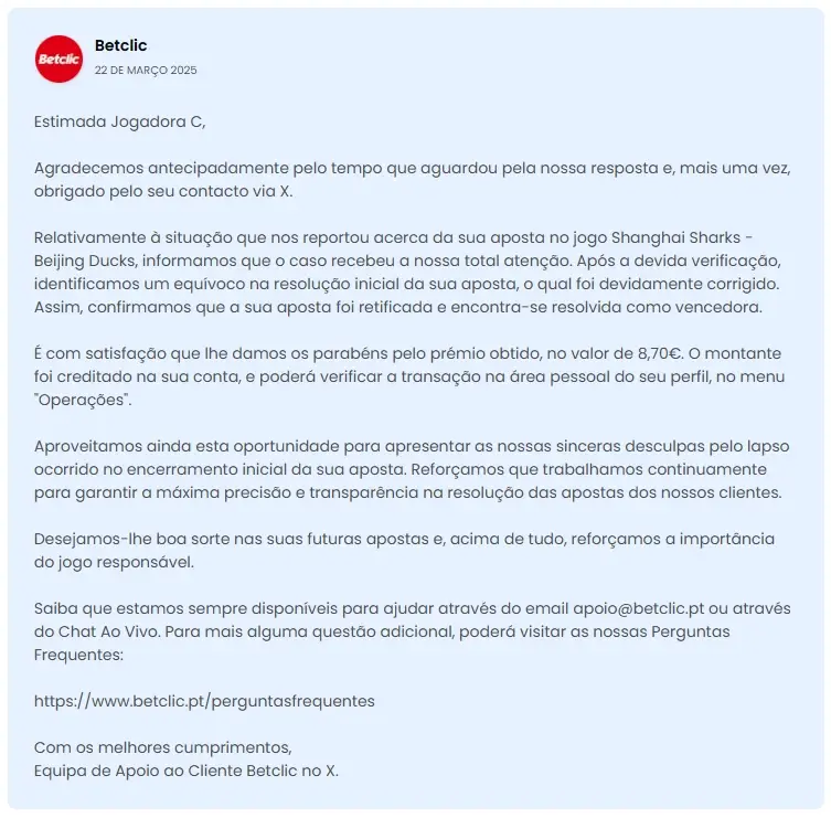 Resposta por parte da Betclic sobre apostas ganha considerada como perdida