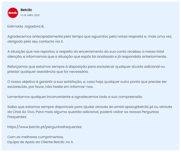 Resposta por parte da Betclic sobre conta suspensa permanentemente