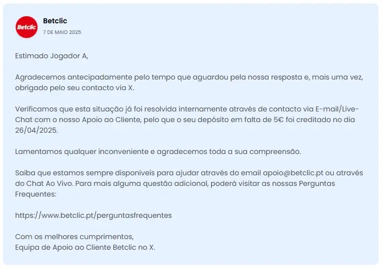 Resposta por parte da Betclic sobre uma queixa de um depósito não creditado na conta