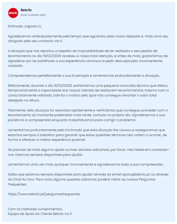 Resposta por parte da Betclic sobre problema ao realizar um levantamento