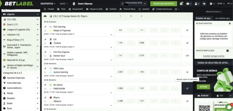 eSports disponíveis na Betlabel
