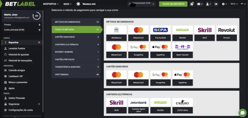 Métodos de pagamento disponíveis na Betlabel
