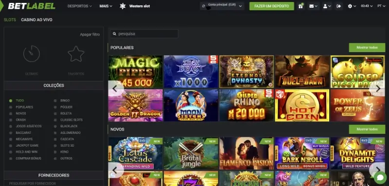 Página de slot machines no Betlabel Casino