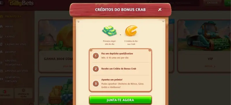 Bónus de casino do BillyBets com 1 bónus crab