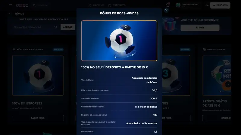 Bónus de primeiro depósito na Gizbo