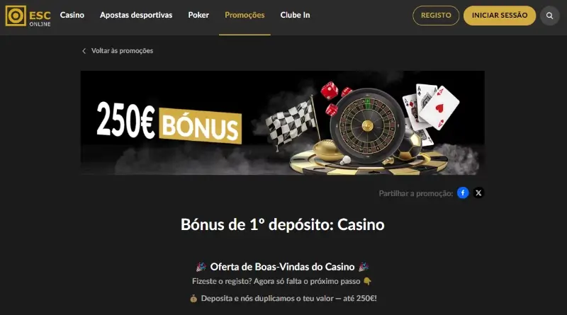 Bónus de Boas-Vindas do Casino ESC Online-100% até 250€