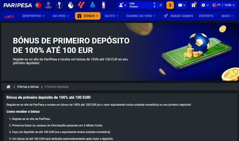 Bónus de boas-vindas para desporto na Paripesa