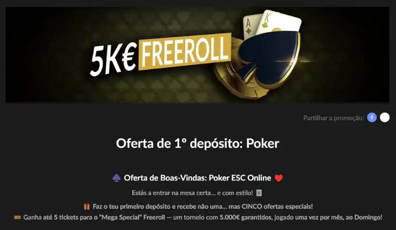 Bónus de Boas-Vindas para Poker: 1 Bilhete para o Torneio Freeroll de 5.000€